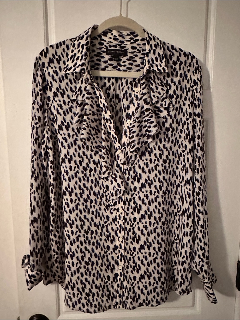 Banana Republic Cream and Black Leopard-Print Ruffle Button-Down Shirt